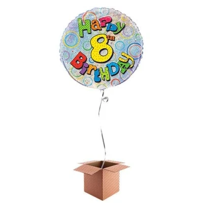 Image of PARTYRAMA.CO.UK Happy 8th Birthday Holographic Round Foil Balloon Inflated in a Box