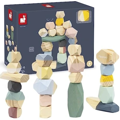 Image of Janod Wooden Stacking Stones Sweet Cocoon Collection Early Learning Toy, water based paint Toy Fine Motor Skills and Concentration From 2 years old, J04401