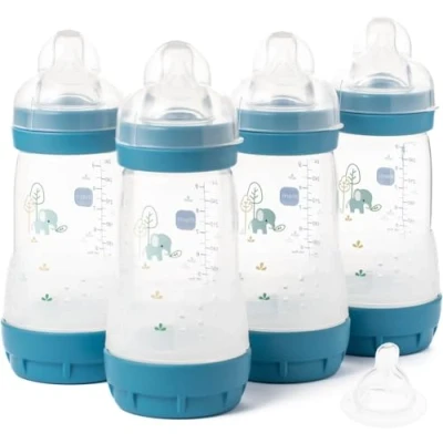 Image of MAM Easy Start Anti Colic Baby Bottles 4 Pack (4X 260ml) Self Sterilising Milk Bottle Medium Flow Teats Size 2 + 1x Fast Teat 3 Blue (Various Designs)