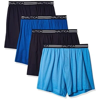 Image of Nautica Men&#039;s Classic Cotton Loose Knit Boxer Shorts, Peacoat/Aero Blue/Sea Cobalt 4 Pack, S