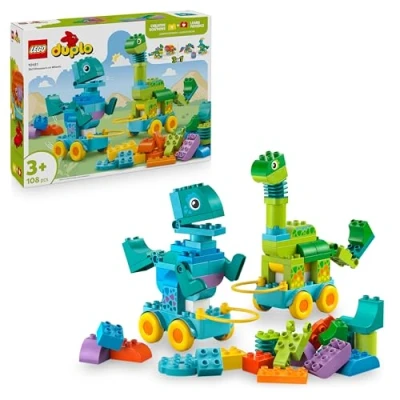 Image of LEGO DUPLO 3in1 Dinosaurs on Wheels Educational Toy for 3+ Year Old Boys &amp; Girls to Build a Diplodocus and T. rex, Triceratops Stegosaurus or Pteranodon Parasaurolophus Dinosaur Figures 10451