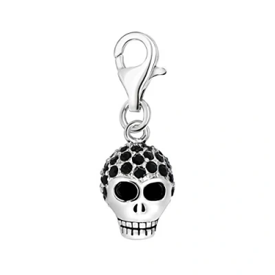 Image of Quiges 3D Skull Clip On Charm Pendant with Black Cubic Zirconia Silver Plated Women&#039;s Jewellery