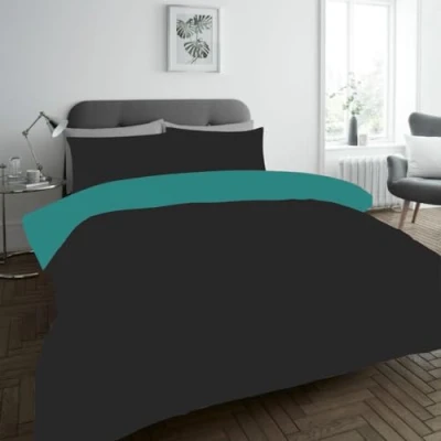 Image of Lions Plain Dye Bedding, King Size Duvet Cover Sets with Pillowcase, 3 Piece Ultra Soft Reversible Quilt Covers Bed Set, Microfibre Premium Quality, 230x220cm, Black Teal