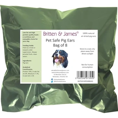 Image of 8 Large Pigs Ears for Dogs (Refill Bag). Natural Premium Quality British Product by Britten and James