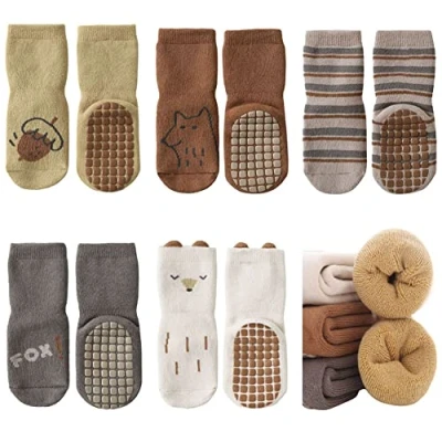 Image of FedMois 5 Pairs Baby Kids Cozy Warm Winter Socks Anti slip Infant Toddler Thermal Crew Socks, fox, 3 Years