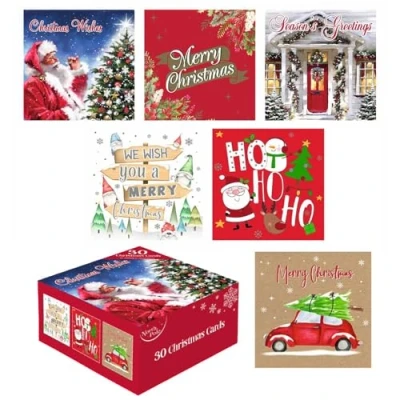 Image of VR Angel Christmas Cards With Envelope Bumper Box 30 Assorted Xmas 6 Different Colorful Designs Cute &amp; Traditional Perfect for Festive