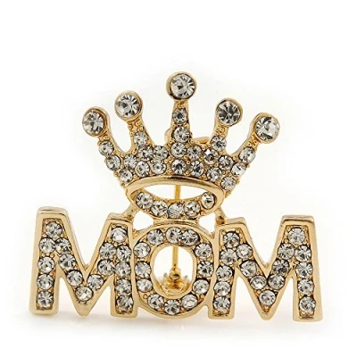 Image of Avalaya Gold Plated Diamante &#039;MOM &amp; Crown&#039; Brooch 3.5cm Length