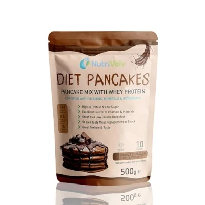 Image of NutriVolv Diet Pancake Mix High Protein, Low Sugar &amp; Calories 10 Servings Lean Muscle Supports Weight Loss Added Vitamins, Minerals Thermogenic Blend Double Chocolate Chip Flavour 500g
