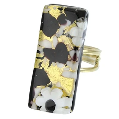 Image of GlassOfVenice Murano Glass Venetian Reflections Rectangular Adjustable Ring Black Gold