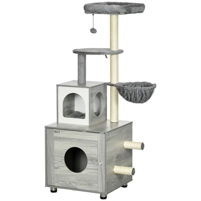 Image of PawHut Cat Litter Box Enclosure, with House, Bed, Scratching Posts, Platform