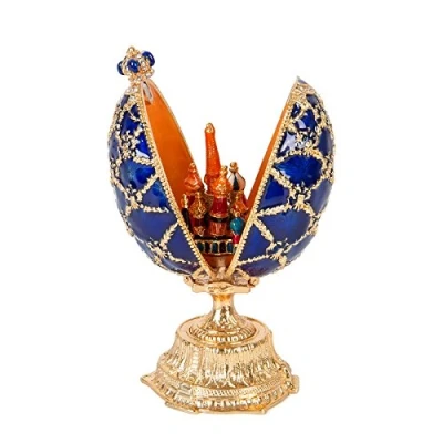Image of QIFU Hand Painted Enameled Blue Easter Egg Style Decorative Hinged Enamel Trinket Box