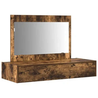 Image of vidaXL Smoked Oak Vanity Table Solid Wood, Large Mirror &amp; Drawer Bedroom Dressing