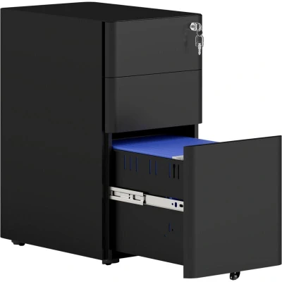 Image of Vinsetto 3 Drawer Mobile Filing Cabinet, Steel Lockable File Cabinet for A4, Legal, Letter, Compact Under Desk Storage Unit with Pre Assembled Body Except Wheels Home Office, 30 x 45 59cm, Black