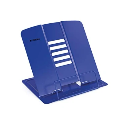 Image of HERMA Metal Book Stand (19.8 x 22.2 3.3 cm Folded) Adjustable Anti Slip Cookbook Holder for Kitchen, School and Office, Reading Rest Kids, Blue