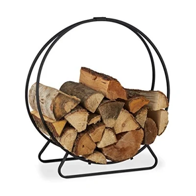 Image of Relaxdays Firewood Rack, Round Log Cradle, Stacking Aid, Steel, Indoor Use, HxWxD 65x61x26 cm, Black