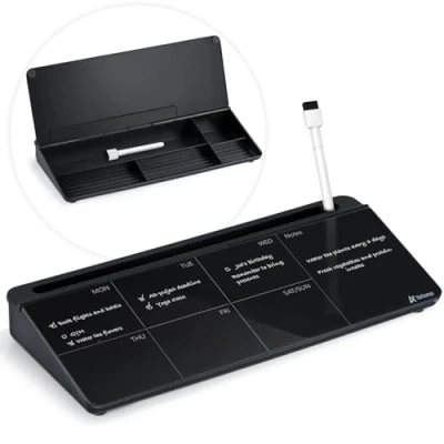 Image of Varhomax Glass Weekly Dry Erase Desk White Board, Desktop to Do List Planner Whiteboard Calendar with Storage Caddy Memo Board Buddy for Home and Office (Black)