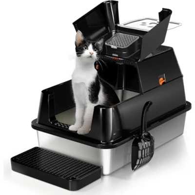 Image of Stainless Steel Cat Litter Tray with Lip, 180 Flip Top Large Enclosed Box, Metal Box for Medium Cats, Easy Clean, Odor Control Black