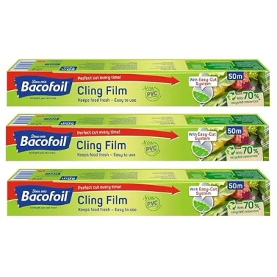 Image of 3 x Cling Film PVC Free with Curved Blade Easy Cut to Use BPA 100% Recyclable Non Perfect for Food Wrapping Freezing and Keeps Fresh 32.5cm 50m