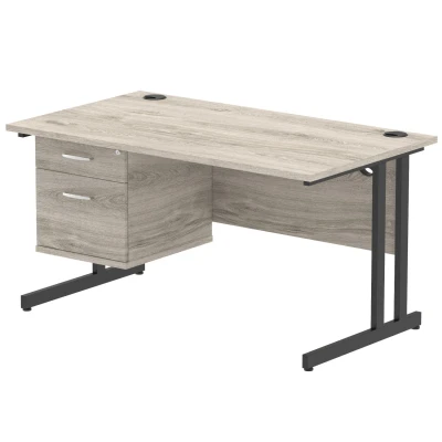 Image of Impulse 1400x800 Desk Grey Oak/Black Cantilever Leg 2 Drawer Fixed Ped