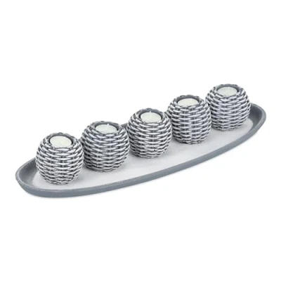 Image of Candle Tray, Set with 5 Tea Light Holders &amp; Sand, for Living Dining Room, Candleholder, Grey/White Relaxdays