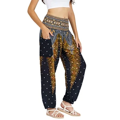 Image of Lofbaz Harem Pants for Women Yoga Boho Hippie Clothing Womens Palazzo Bohemian Pajama Trousers Beach Indian Gypsy Genie Clothes Peacock 1 Black M