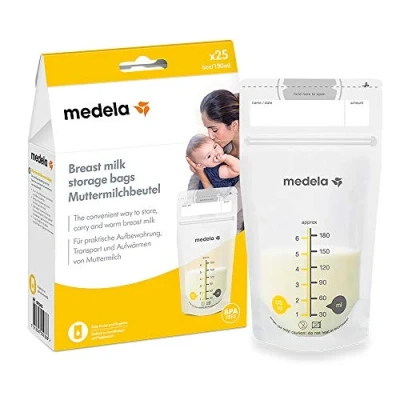 Image of Medela Set of 180 ml breast milk Storage Bags Pack 25 BPA free collection pouches with double zip, quick freeze and thaw