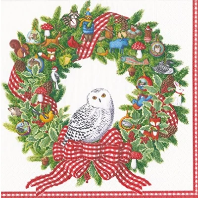 Image of Caspari Snowy Owl Wreath Paper Luncheon Napkins, 20 Per Package