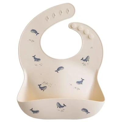 Image of Mushie Baby Silicone Bib Adjustable Fit Waterproof Bibs Easy Wipe Feeding 4 Sizes with Deep Front Pockets 100% BPA and Phthalate Free (Whales)