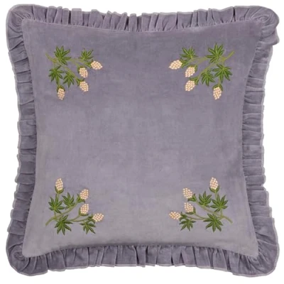 Image of furn. Hettie Embroidered Velvet Feather Filled Cushion Lilac Cotton Size 45 cm x