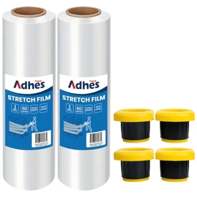 Image of ADHES Stretch Shrink Wrap Roll, 380mm x 305m, 2 roll Clear Pallet Wrap, 60 Gauge Industrial Film Strength Plastic Moving for Furniture Wrapping &amp; Protection