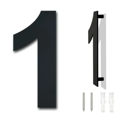 Image of Brushed Modern House Number 6 Inch 152mm Height Black, Made of Solid 304 Stainless Steel, Floating Appearance and Easy to Install (Number 1 One)