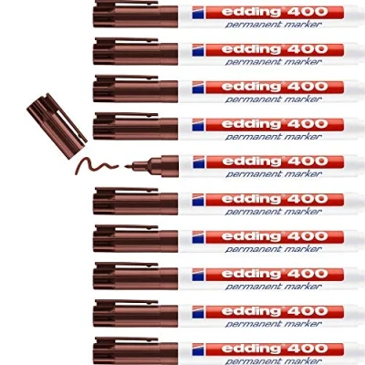 Image of edding 400 permanent marker brown 10 pens fine round tip 1 mm waterproof, quick drying, smear proof for cardboard, plastic, wood, metal, glass and fabric