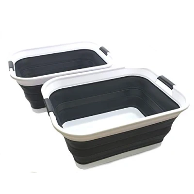 Image of SAMMART 42L Set of 2 Collapsible Plastic Laundry Basket Foldable Pop Up Storage Container/Organizer Portable Washing Tub Space Saving Hamper/Basket (2 rectangular strengthen, Black)