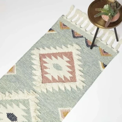 Image of Tenali Blue Kilim Runner Wool Rug 66 x 200 cm Homescapes