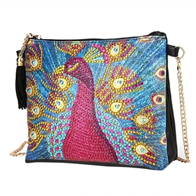 Image of VIONNPPT 5D DIY Diamond Painting Travel Handbag, Art Crossbody Bag with Chain, Handmade Shoulder for Children and Adults, peacock
