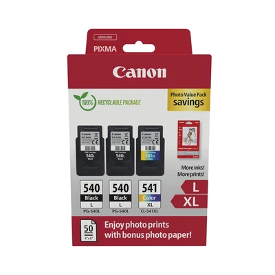 Image of Canon PG 540L x 2 / CL 541XL High Yield Genuine Ink Cartridges, Pack of 3 (2 Black, 1 Colour); Includes 50 sheets 4x6 Photo Paper Cardboard Multipack