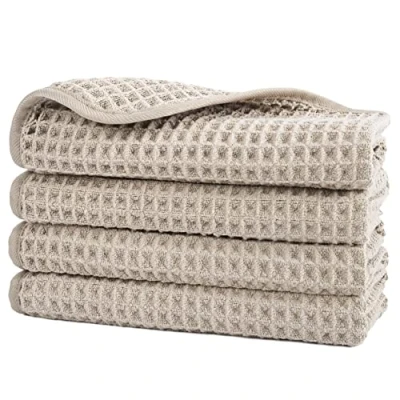 Image of POLYTE Microfibre Lint Free Washcloth Face Towel, 33 x cm, 4 Pack (Beige, Waffle Weave)