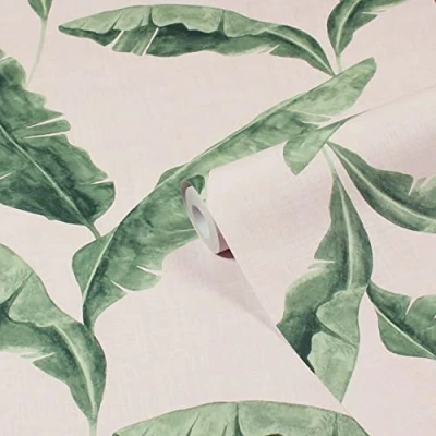 Image of furn. Plantain Botanical Printed Wallpaper, Teal/Blush