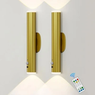 Image of HARPER Living Gold Battery Operated Wall Lights with Motion Sensor, Rechargeable Lamp Indoor, Dimmable &amp; 3 Colours, LED Sconce for Room Bedroom Hallway Power Cut, (Set of 2)