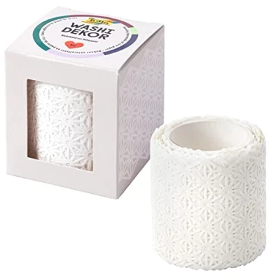 Image of folia White Flowers Washi Rice Paper Lace Trim Approx 5m Sticks to Many Surfaces Can Be Removed Without Residue for Decorating, 50mm x 5 m
