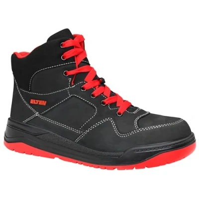 Image of ELTEN Maverick Black Red Cool Mid Safety Trainers in Basketball Style, Nubuck Leather, Steel Cap, Textile Lining