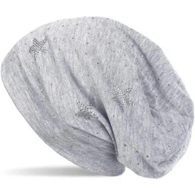 Image of styleBREAKER Beanie hat with Rhinestone Stars and All Over Rhinestones, Slouch Long Beanie, Women 04024116, Colour:Mottled Light Grey
