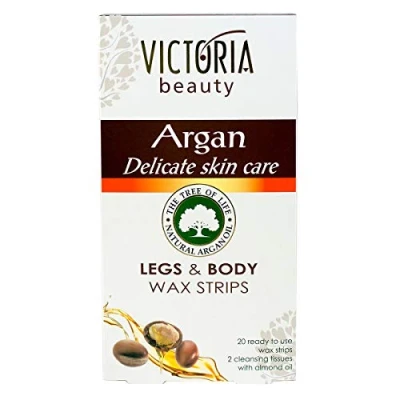Image of Victoria Beauty Hair Removal Legs and Body Wax Strips with NATURAL BEESWAX ARGAN Oil 20 pcs + 2 Almond Wipes SENSITIVE SKIN Owners