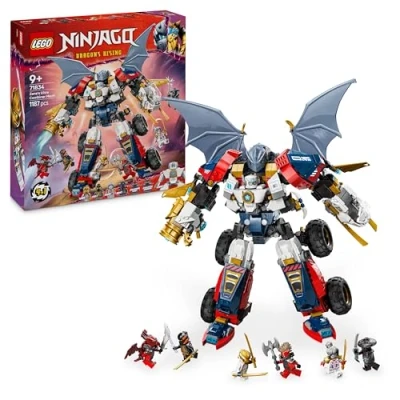 Image of LEGO NINJAGO 4in1 Zane’s Ultra Combiner Mech Toy Rebuilds into a Jet, Car Model, Dragon &amp; Ninja Figure Incl. 6 Minifigures for Role Play Building Set 9+ Year Old Boys Girls 71834