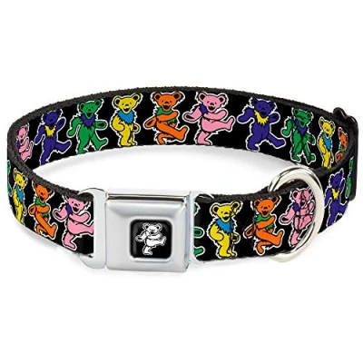Image of Buckle Down Seatbelt Dog Collar Dancing Bears Black/Multi Color 1.5&quot; Wide Fits 16 23&quot; Neck Medium