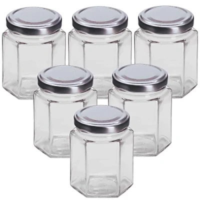 Image of Pack of 6 x (8oz) 190ml Hexagonal Glass Jam Jars with Silver Twist Off Lids