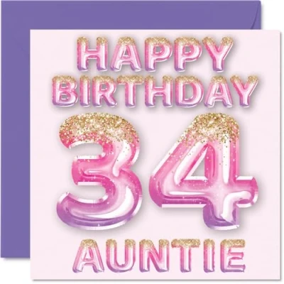 Image of 34th Birthday Card for Auntie Pink &amp; Purple Glitter Balloons Happy Cards 34 Year Old Aunt Aunty from Nephew Niece, 145mm x Bday Greeting Gift