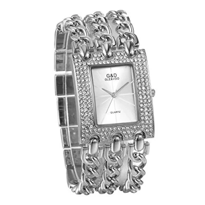 Image of JewelryWe Womens Simple Square Dial Quartz Watch Rhinestone Silver Tone Case Chain Band Wrist