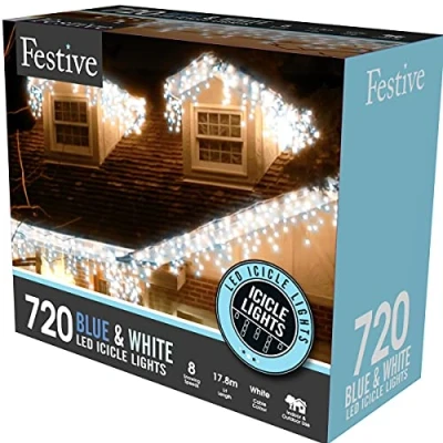 Image of Festive 720 Blue &amp; White Snowing Icicle Christmas Timer Lights Indoor and Outdoor