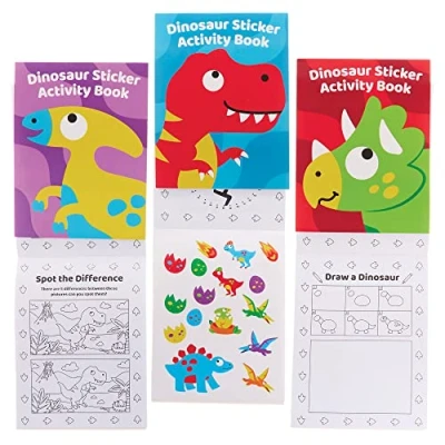 Image of Baker Ross FX576 Dinosaur Sticker Activity Books Pack of 8, Book Party Bag Fillers for Kids